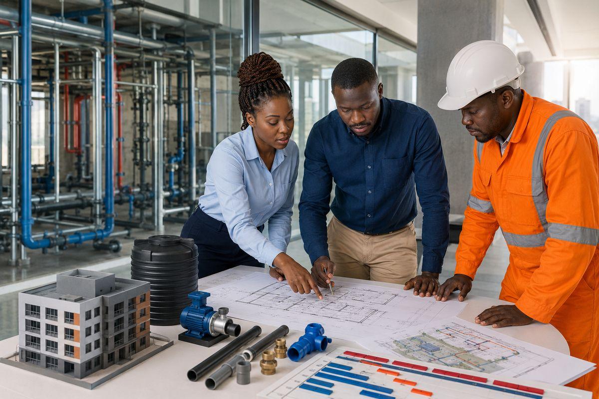 Defining scope with a plumbing contractor in Kenya before requesting a quotation — client, designer and contractor around plans