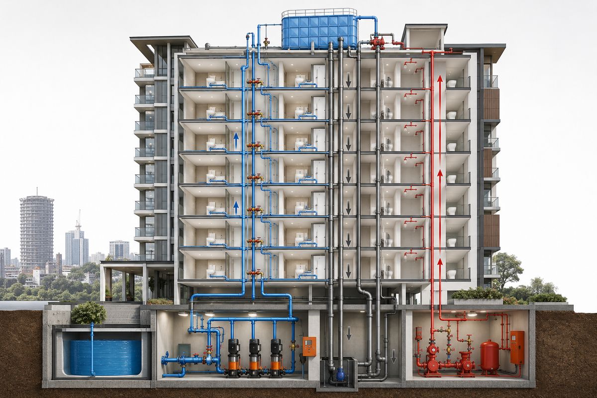 Cross-section of a high-rise building showing water storage tanks, booster pumps, supply risers, drainage stacks and fire-fighting lines