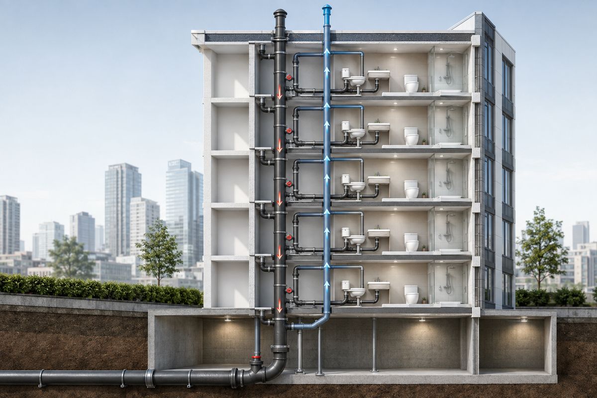 Cross-section of a multi-storey building showing soil stacks, branch drains and vent pipes connecting to the main sewer line
