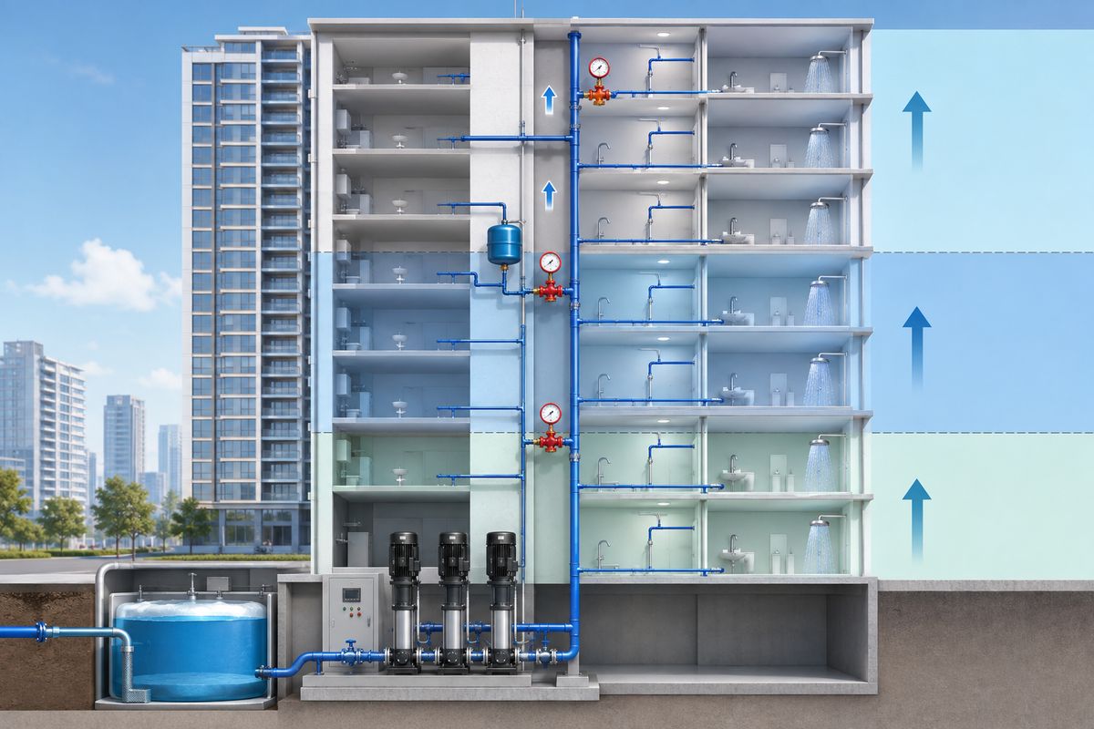 Diagram of pressure zoning in a high-rise building, with booster pumps and pressure-reducing valves serving separate floor zones