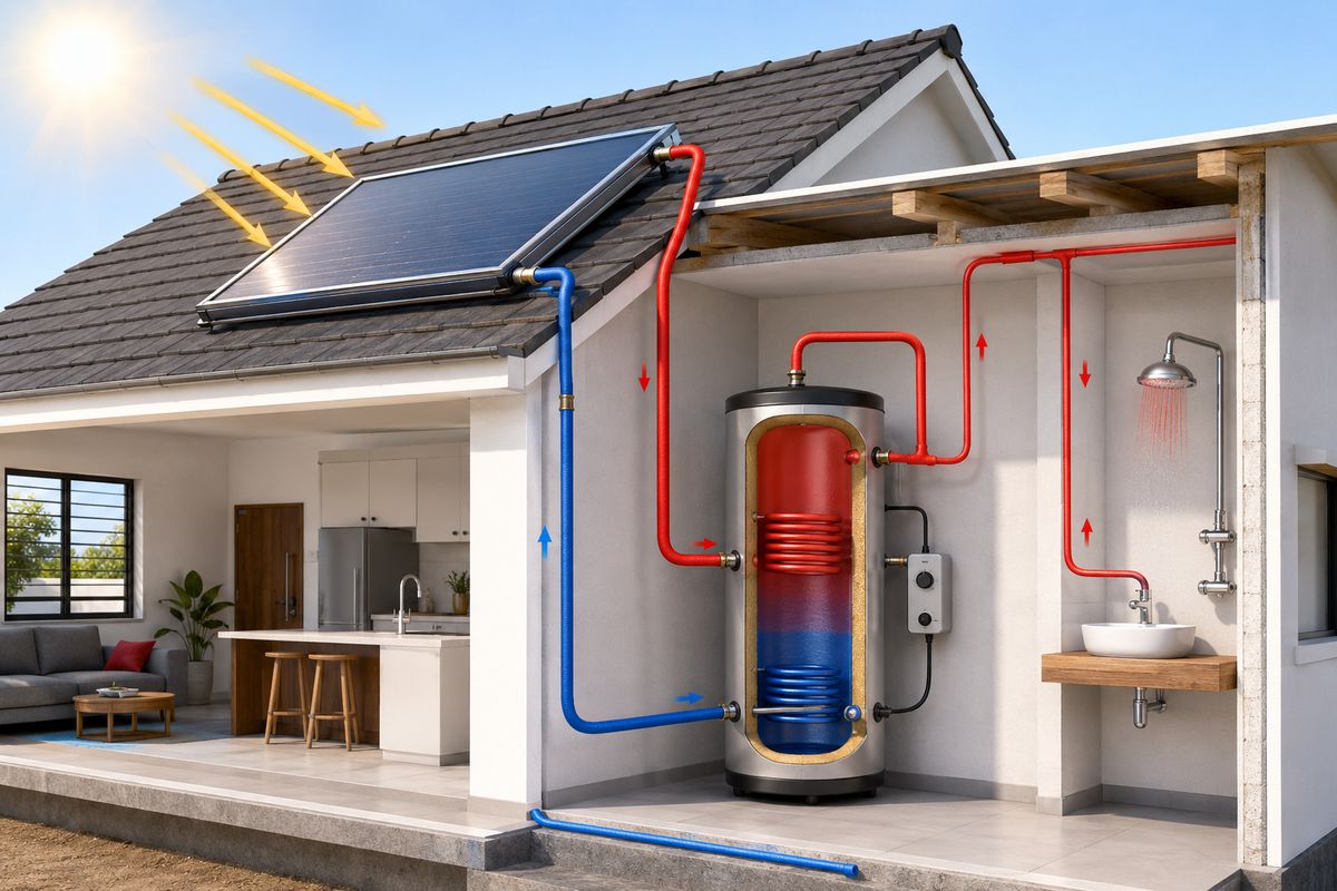 Solar water heating diagram Kenya - collector, storage tank and shower