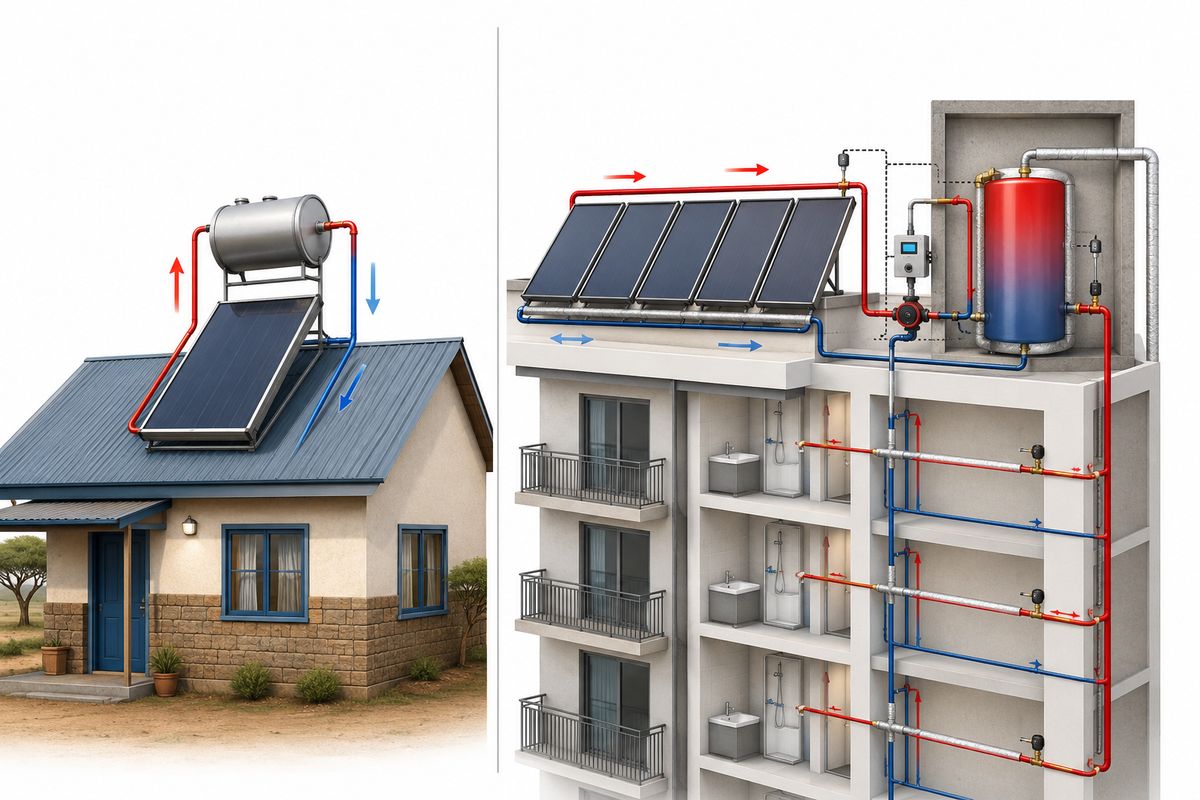 Thermosiphon home system vs pumped centralised apartment solar water heating