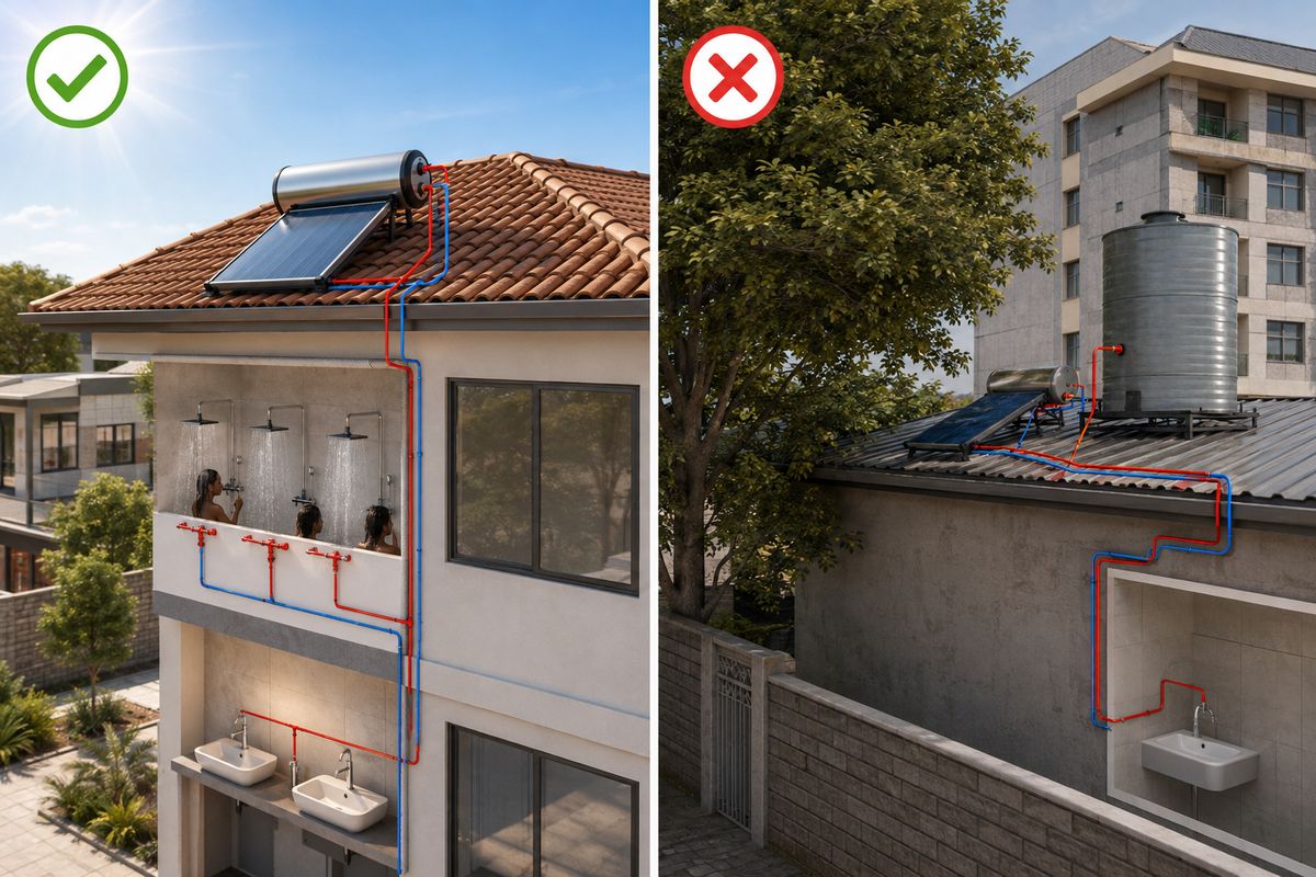 Well-sited solar water heater versus shaded poorly installed rooftop system