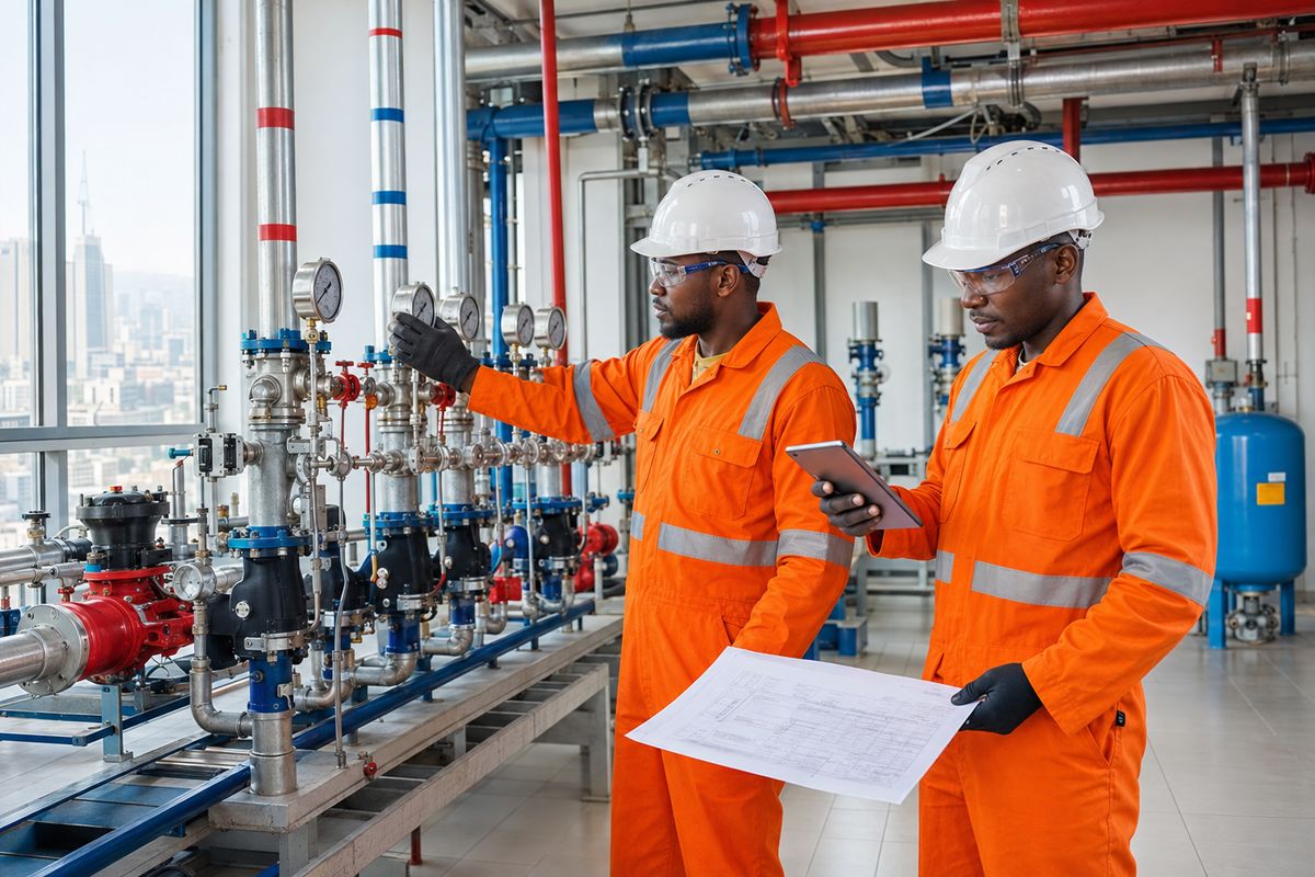 Two plumbing engineers checking pressure gauges and pipework in a high-rise building plant room