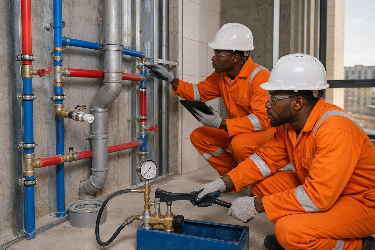Two plumbers pressure-testing exposed pipework on a Kenyan construction site before walls conceal it