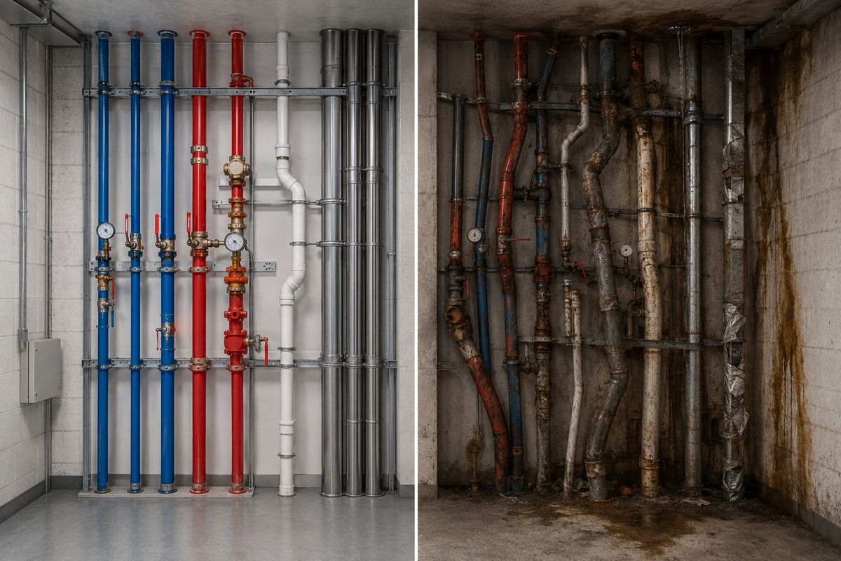 Side-by-side comparison of a neatly installed colour-coded plumbing riser and a corroded, badly installed one
