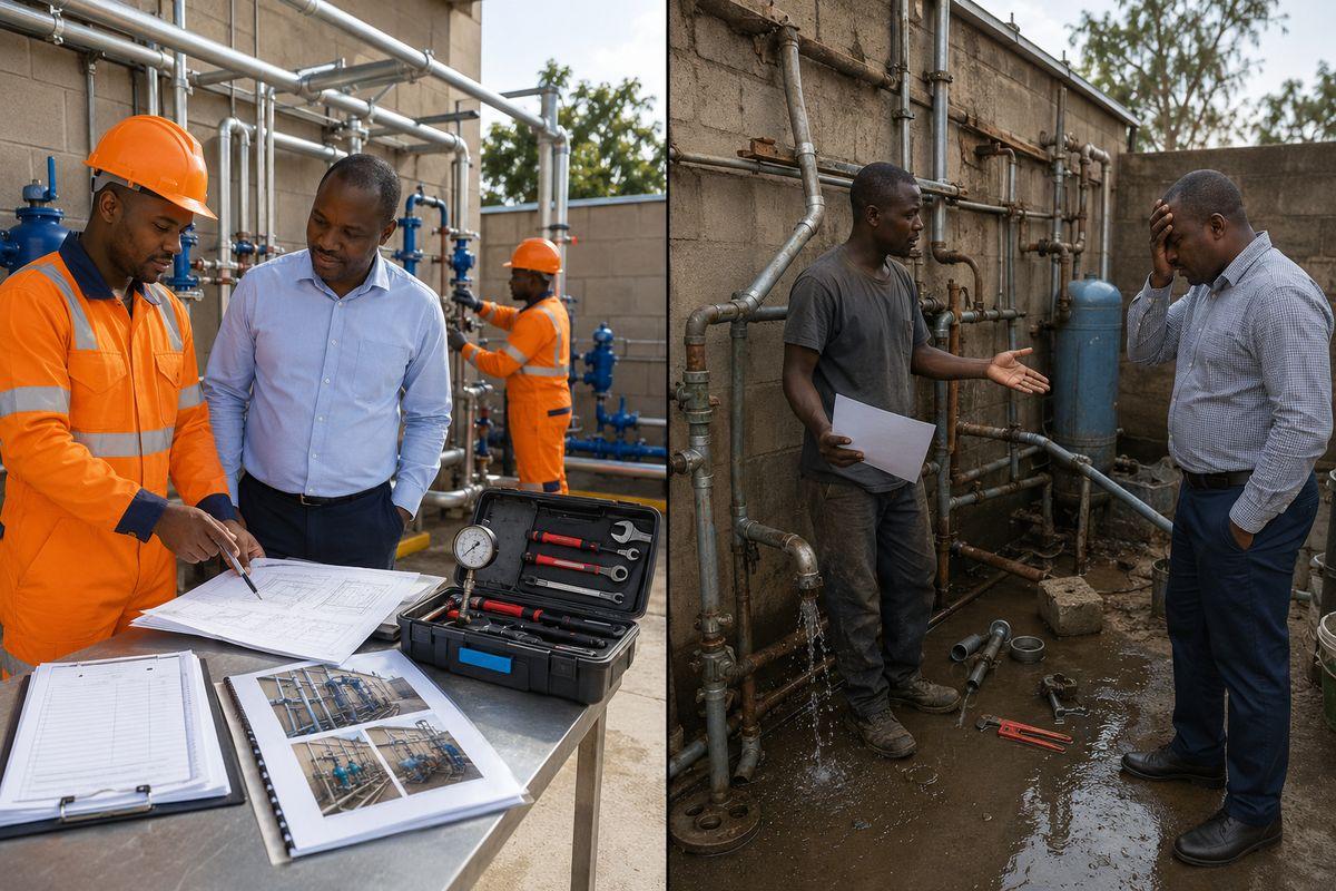 Choosing a plumbing contractor in Kenya — safe organised professional installation versus poor PPE and leaking pipes