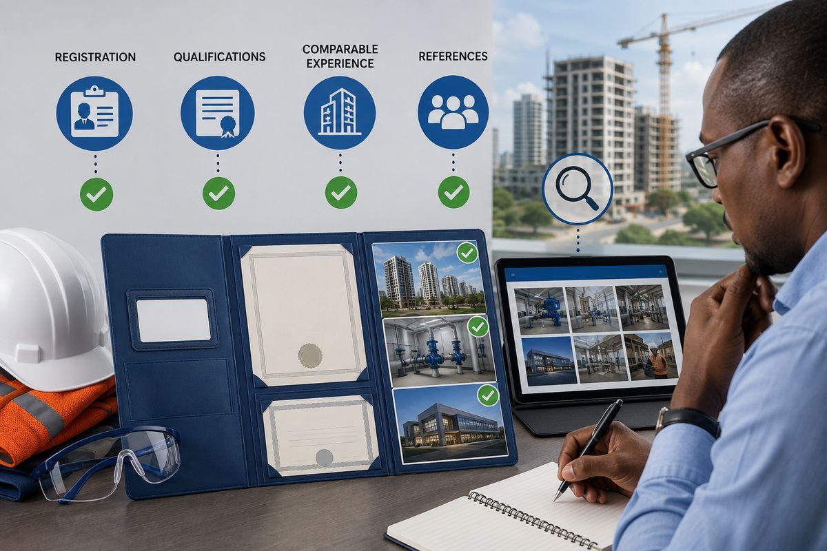 Verifying a plumbing contractor in Kenya against NCA registration, qualifications, comparable projects and references