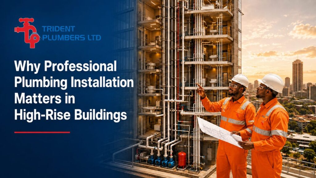 Trident Plumbers engineers reviewing plumbing risers on a high-rise building under construction